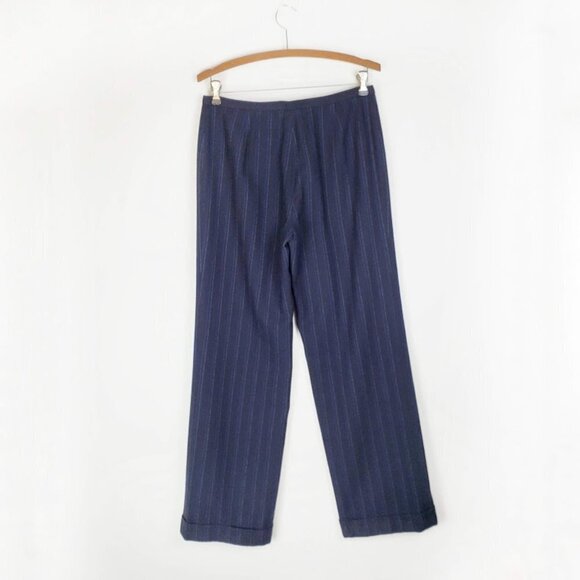 Lafayette 148 Wide Leg Trouser Pants Navy Blue Stripe Wool Blend Cuffed Size 4 - Picture 2 of 9